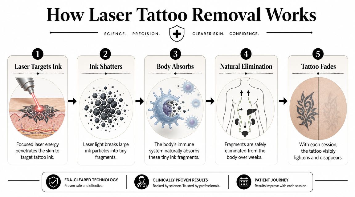 An infographic showing the five-step process of how laser tattoo removal works from start to finish.