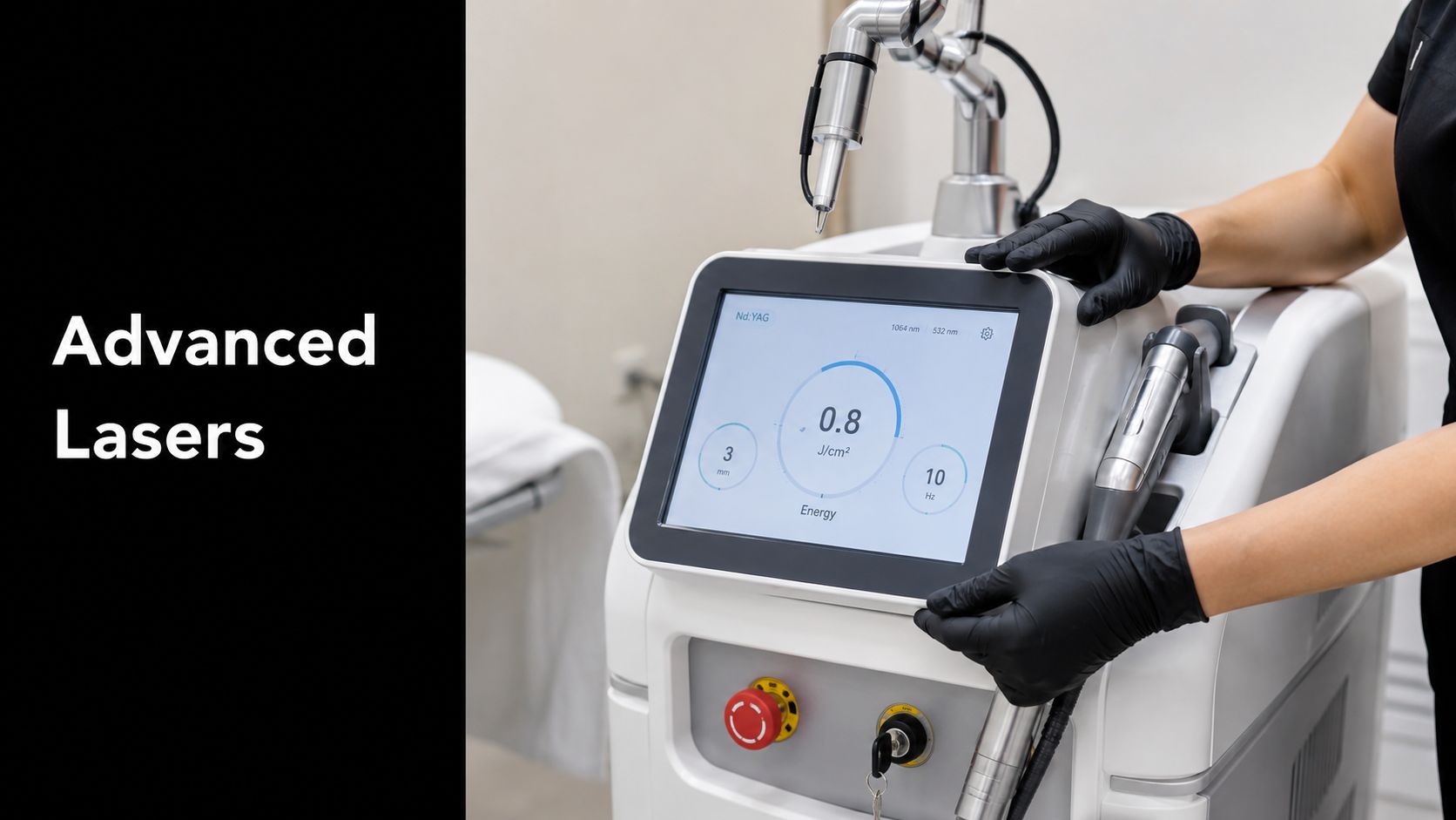 A professional aesthetician adjusting the settings on a modern laser machine for medical beauty treatments.