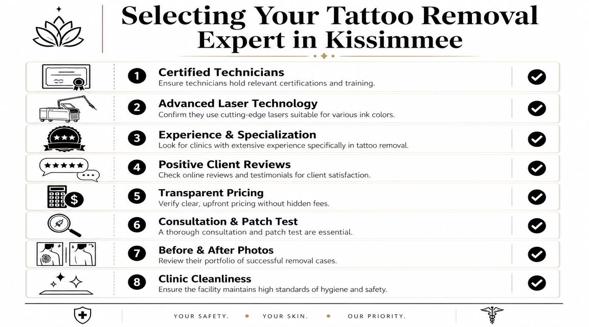 An infographic checklist for choosing a professional and safe tattoo removal clinic in Kissimmee, Florida.