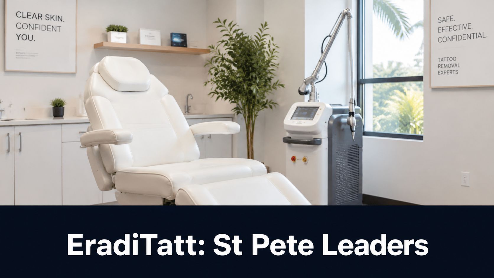A professional tattoo removal clinic room featuring a treatment chair and a specialized laser removal device.