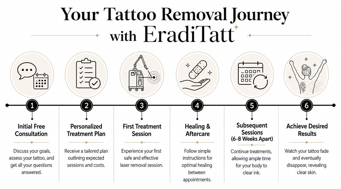 An infographic showing the six steps of the tattoo removal process with EradiTatt laser services.