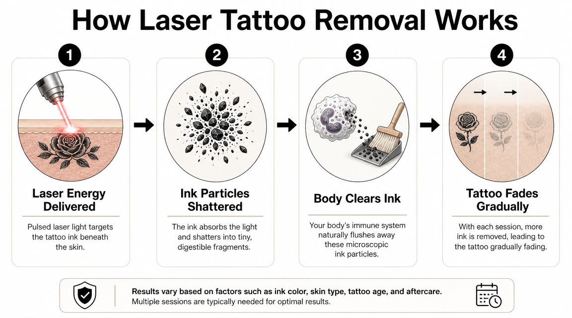 A four-step infographic illustrating how laser tattoo removal works by breaking down ink particles under the skin.