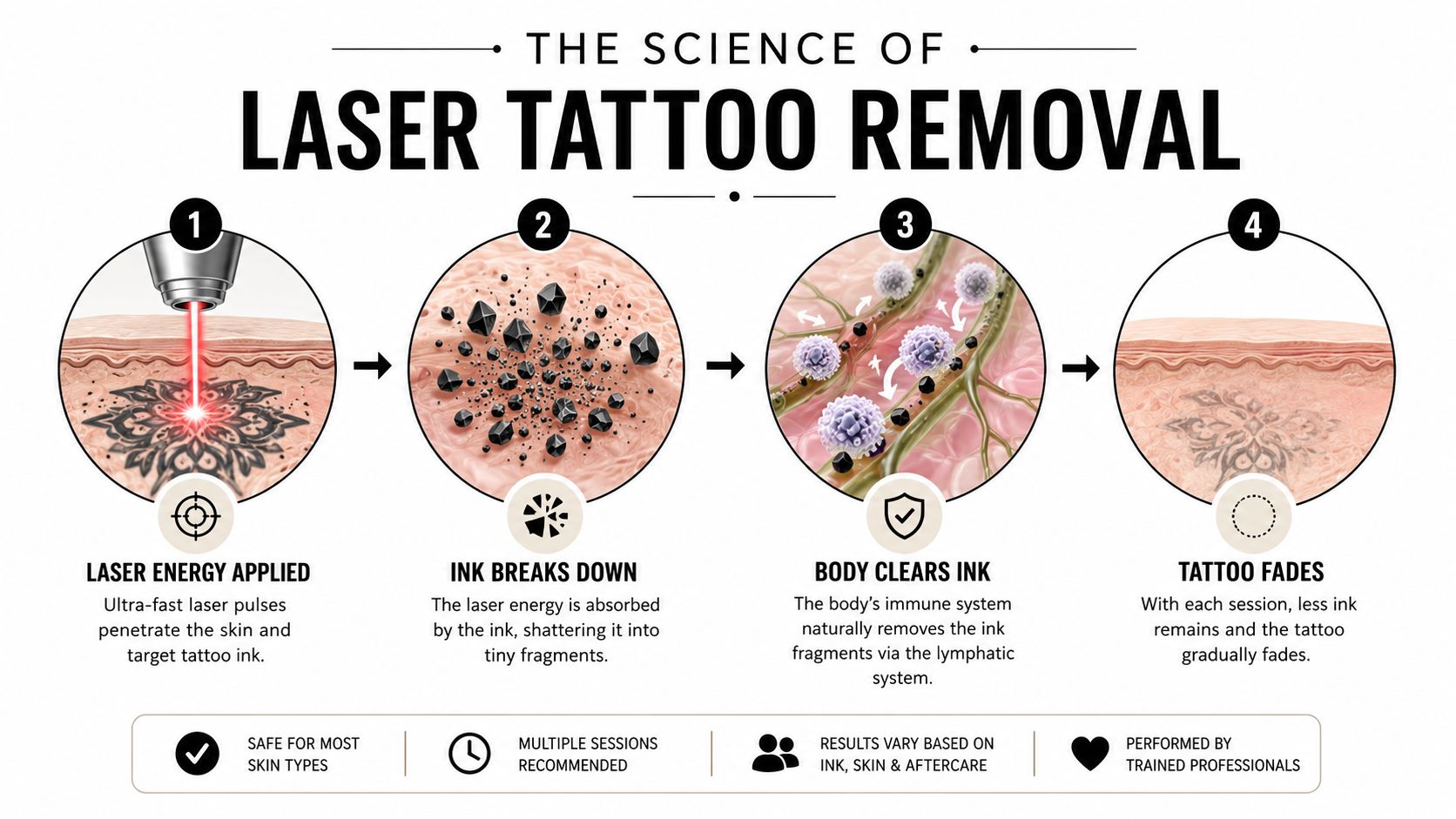 An infographic showing the four steps of the laser tattoo removal process on human skin.