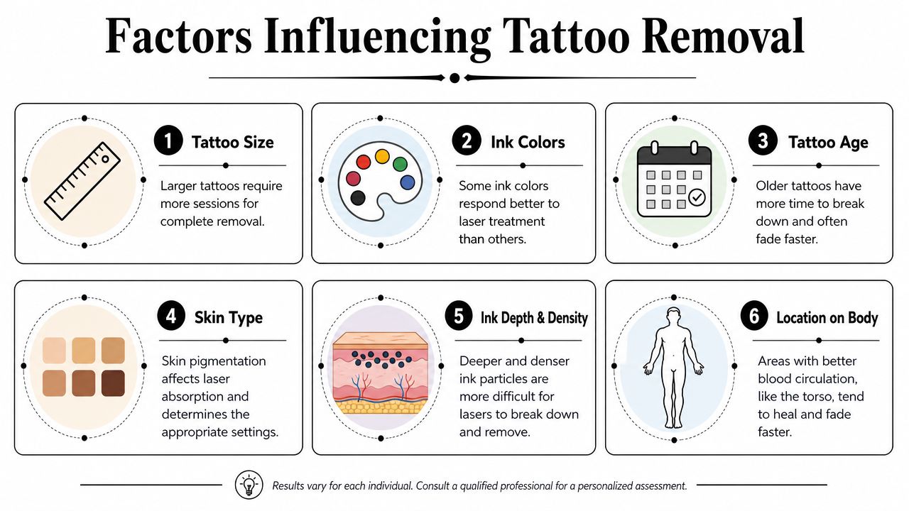 An infographic detailing six key factors influencing the effectiveness and duration of professional tattoo removal treatments.