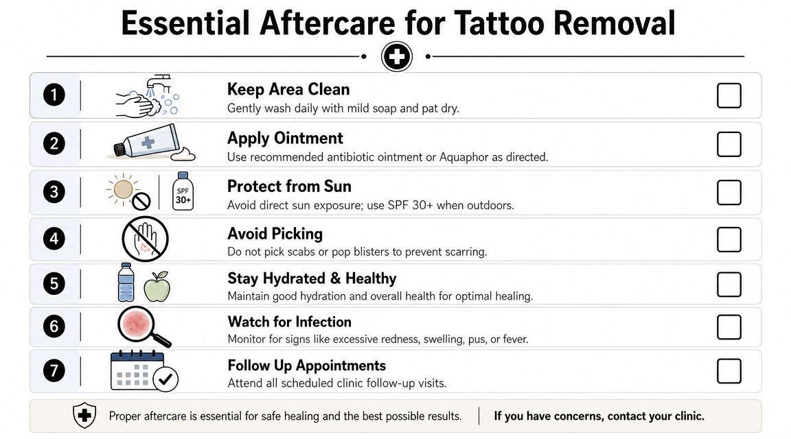 A checklist infographic titled Essential Aftercare for Tattoo Removal with seven numbered steps for skin recovery.