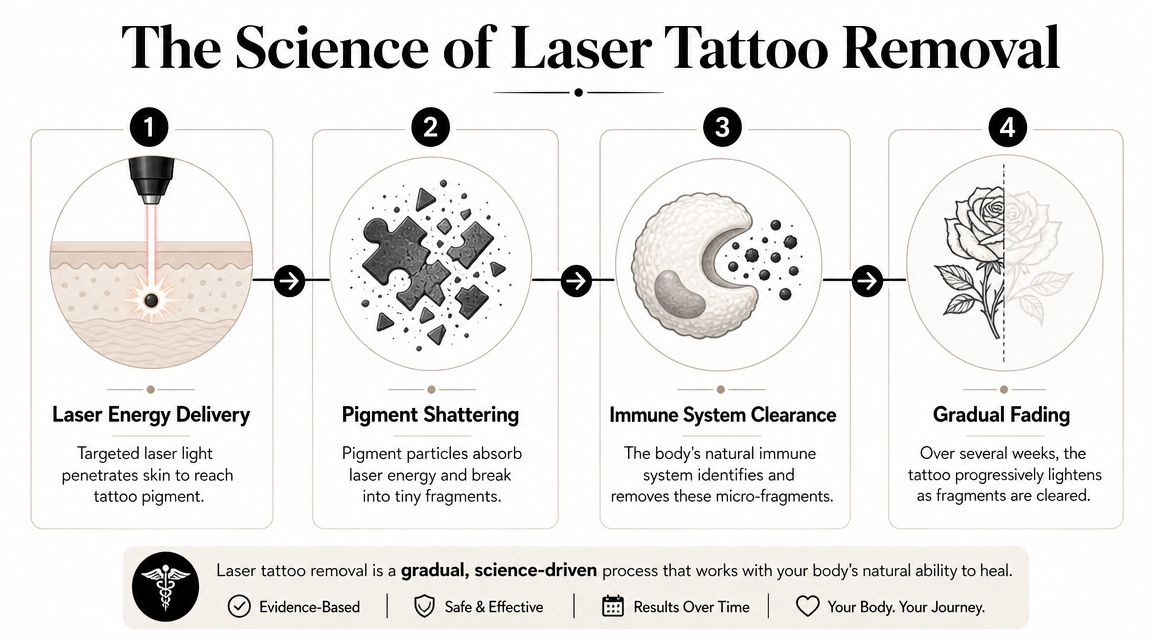An infographic illustrating the four stages of laser tattoo removal, from energy delivery to fading.