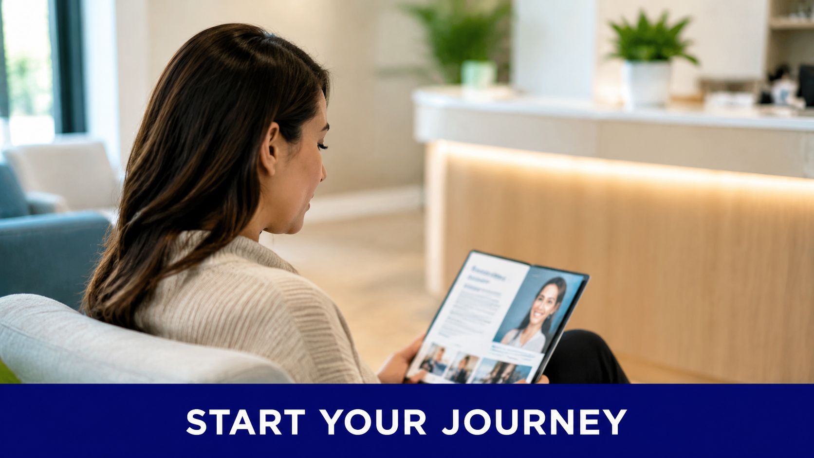 A woman sits in a modern waiting room reading a brochure about cosmetic tattoo removal procedures.