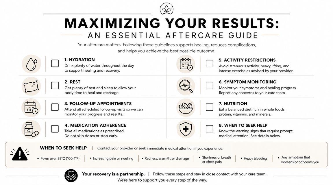 A professional aftercare guide infographic detailing eight essential steps to maximize recovery results following medical procedures.