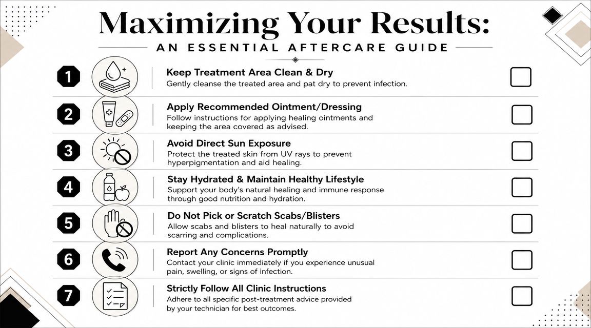 A checklist infographic titled Maximizing Your Results detailing seven essential aftercare steps for cosmetic procedures.