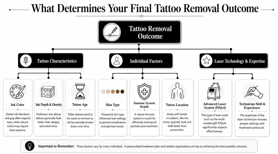 An infographic showing factors that determine tattoo removal outcomes including tattoo characteristics, individual factors, and laser technology.