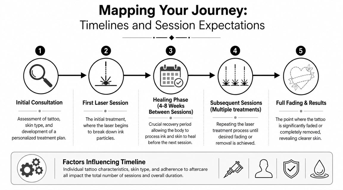 A five-step infographic showing the timeline and process of professional laser tattoo removal treatments.