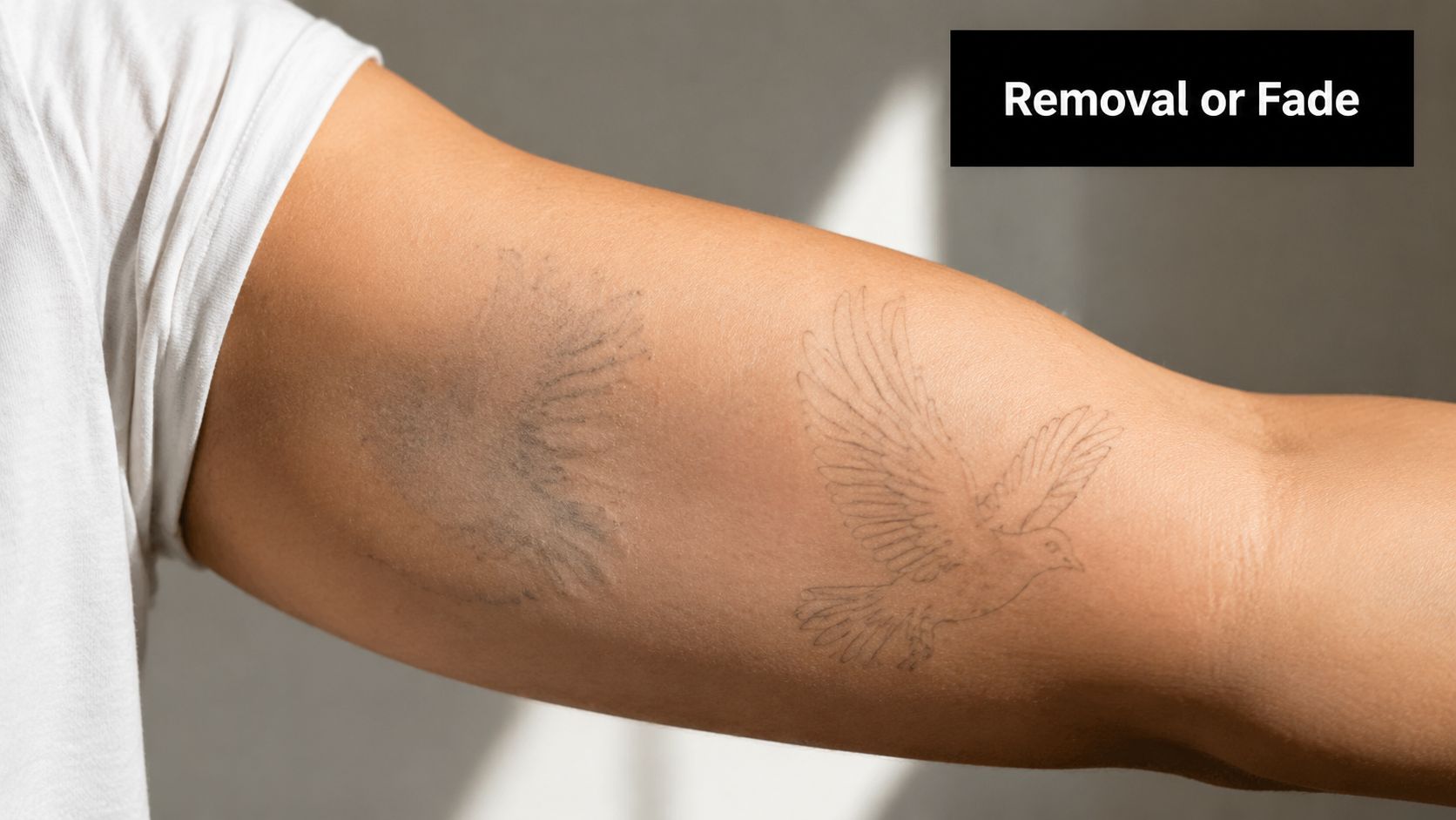 A close-up view of an arm showing a faded tattoo compared to a fresh tattoo outline.