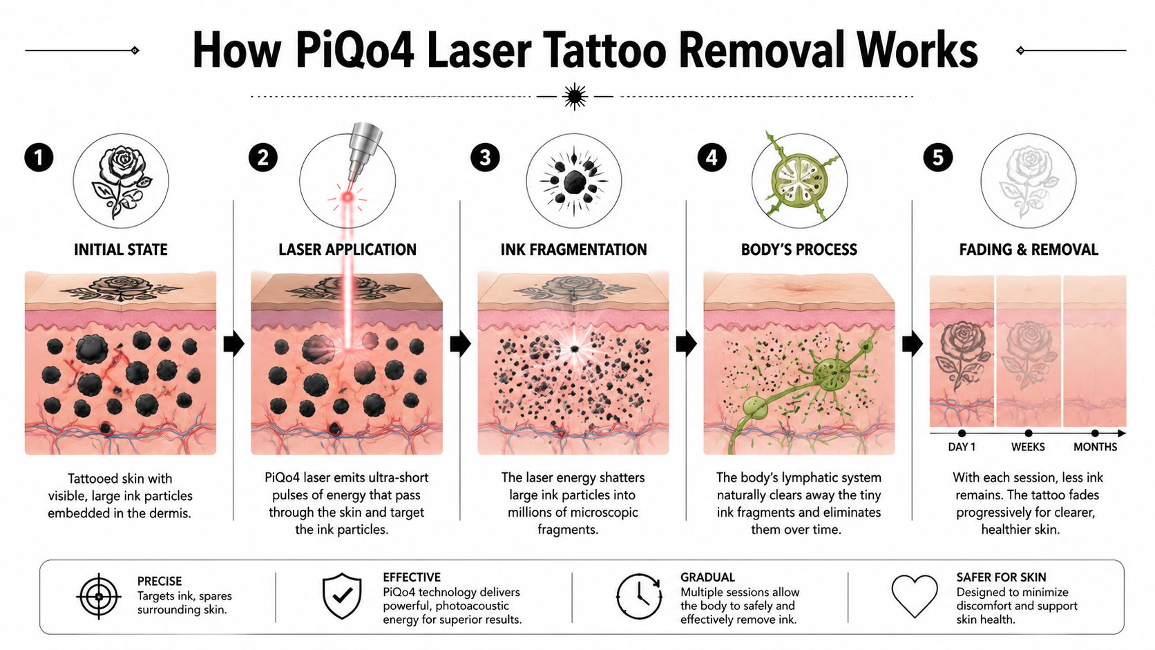 A diagram illustrating the five-step process of PiQo4 laser tattoo removal on human skin.
