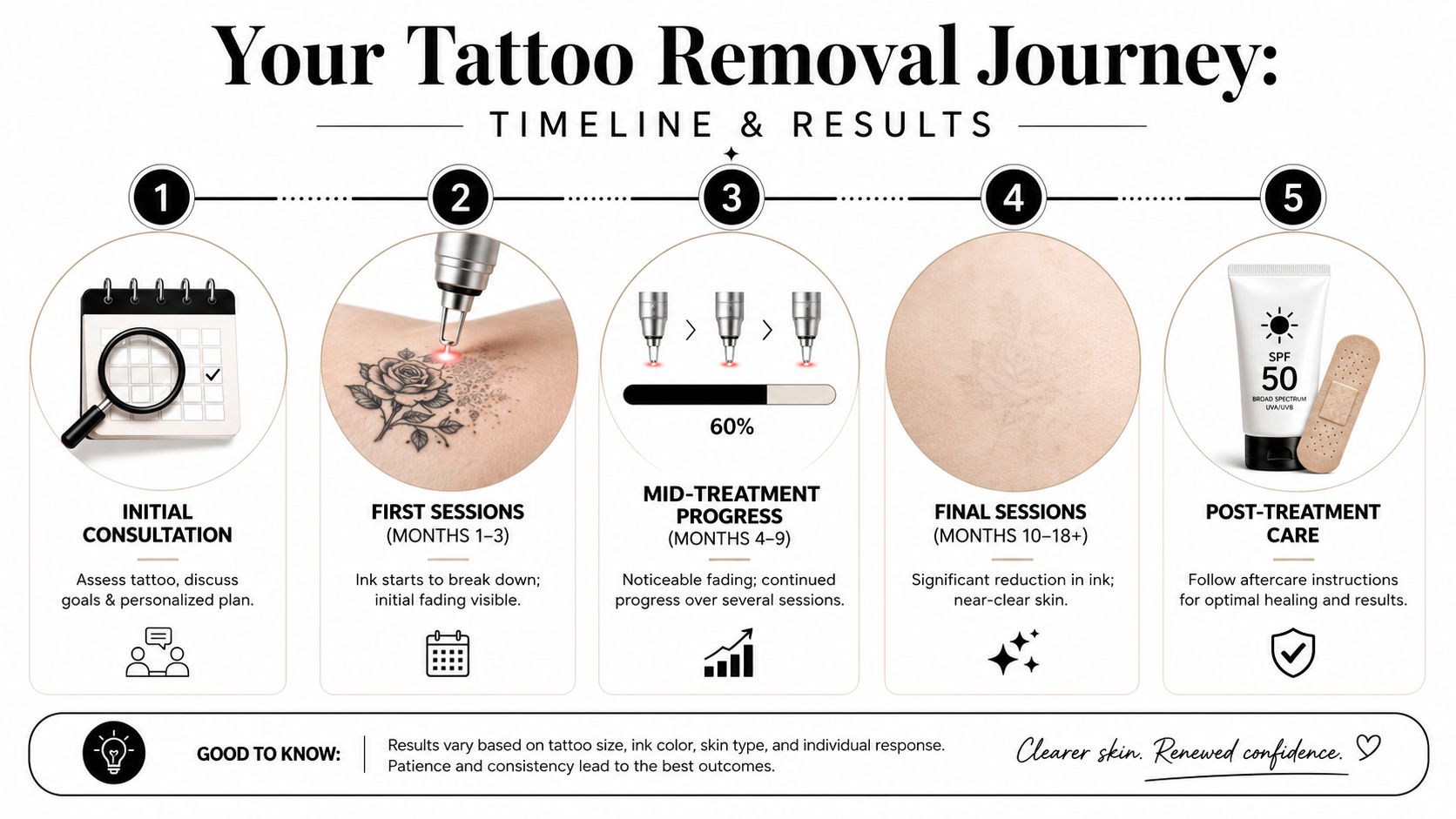 A five-step infographic showing the timeline and progression of a professional laser tattoo removal process.