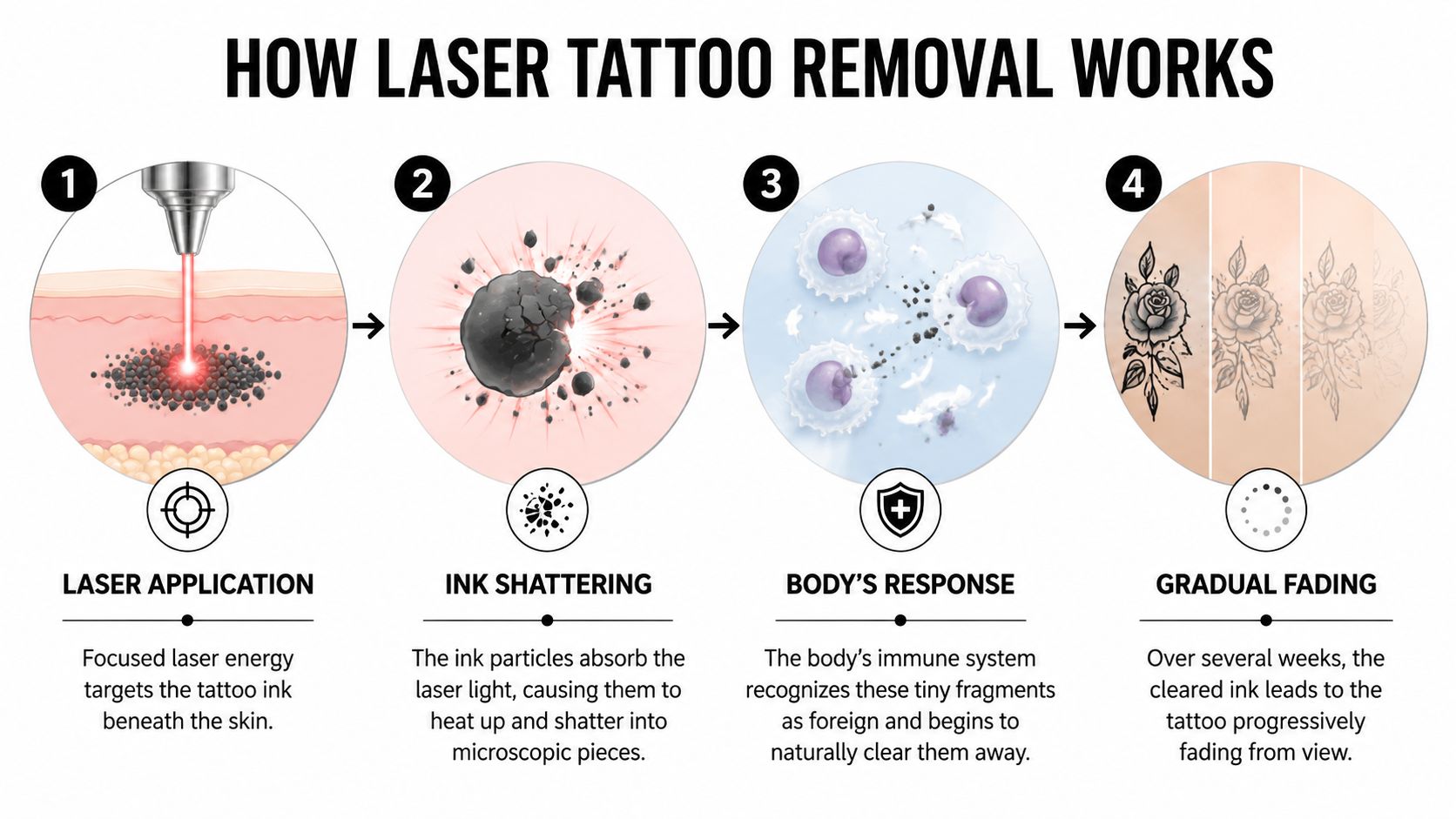 A four-step infographic showing how laser tattoo removal breaks down ink particles for natural immune system clearance.