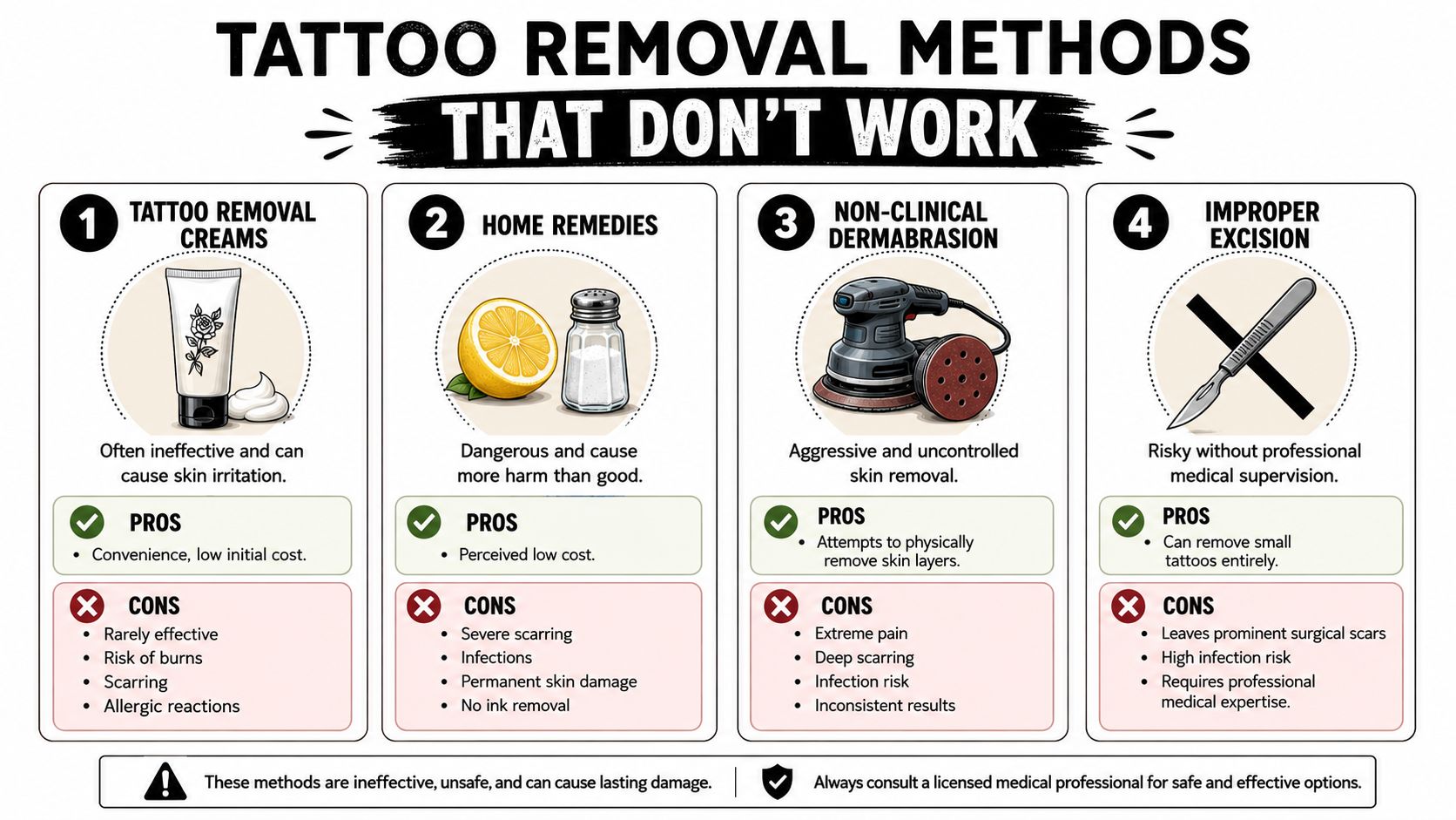 An infographic showing four ineffective and dangerous tattoo removal methods to avoid, including creams, remedies, and dermabrasion.