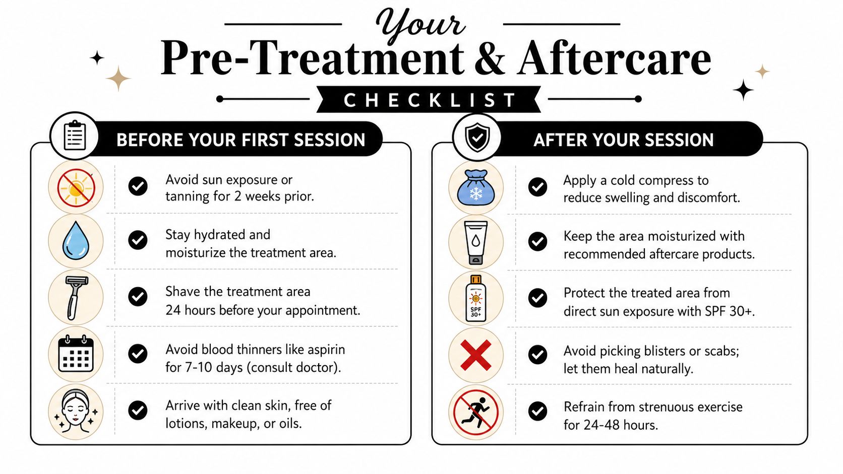 A helpful infographic checklist showing essential pre-treatment and aftercare instructions for professional skin or tattoo sessions.
