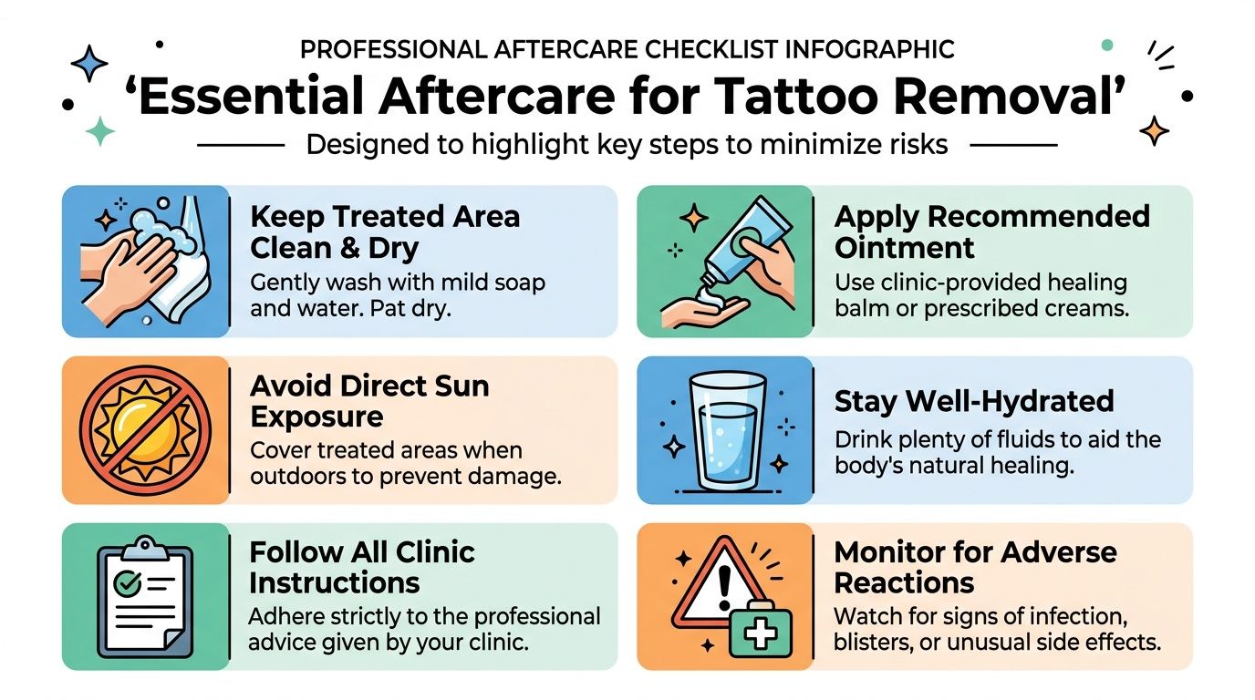 A professional infographic titled Essential Aftercare for Tattoo Removal outlining six key recovery steps for patients.