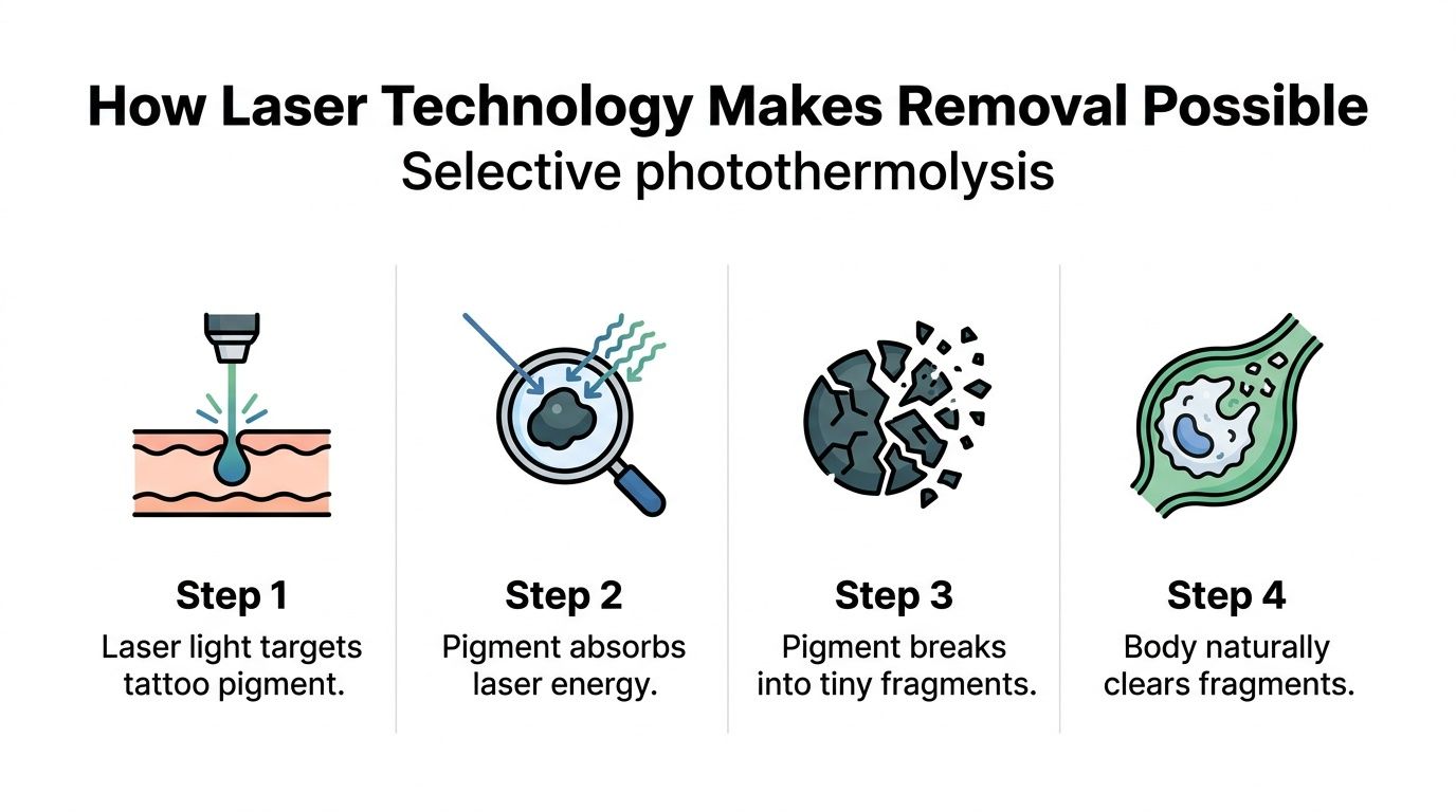 A four-step infographic illustrating how laser technology uses selective photothermolysis to break down and remove tattoo pigment.