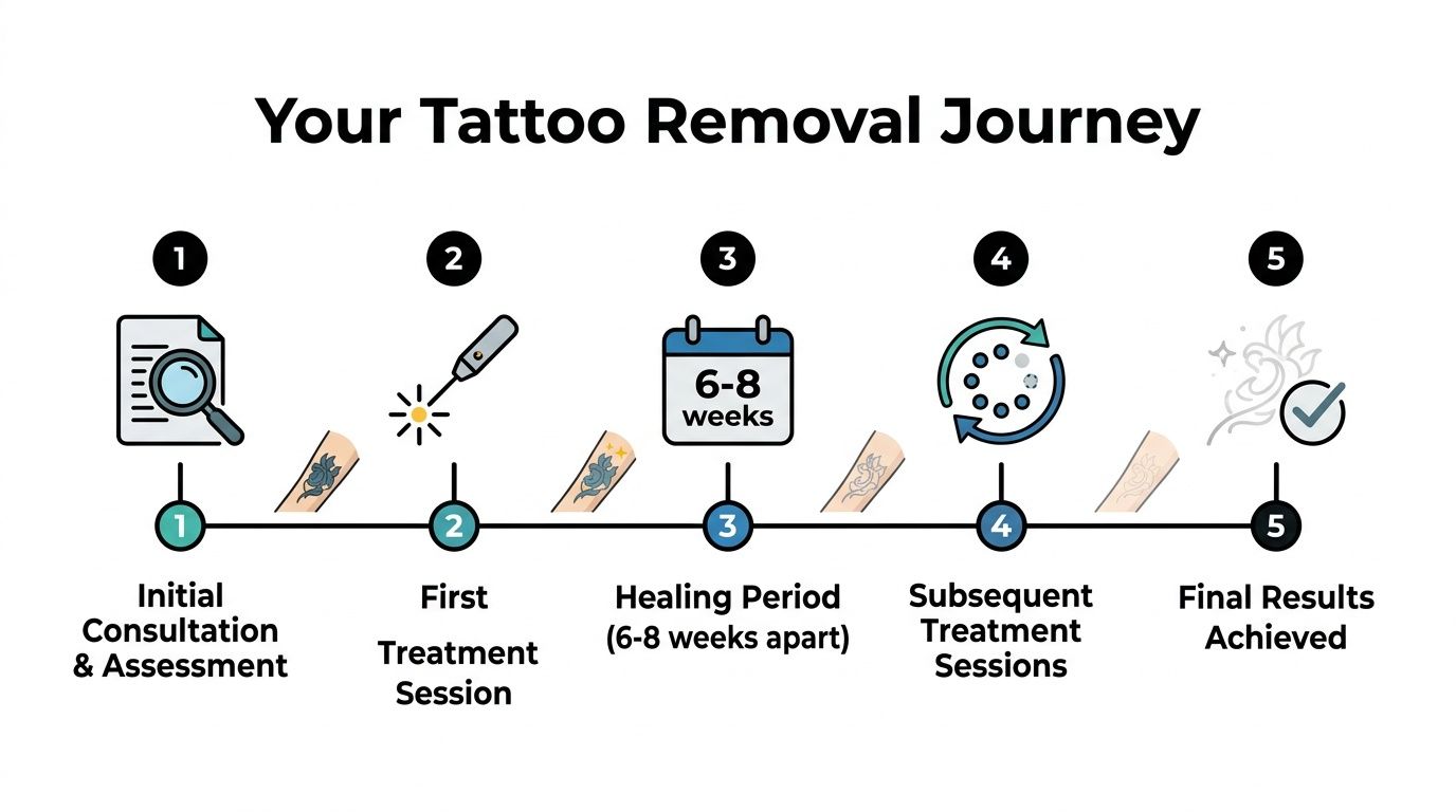 A five-step infographic illustrating the tattoo removal journey from initial assessment to final results achieved.