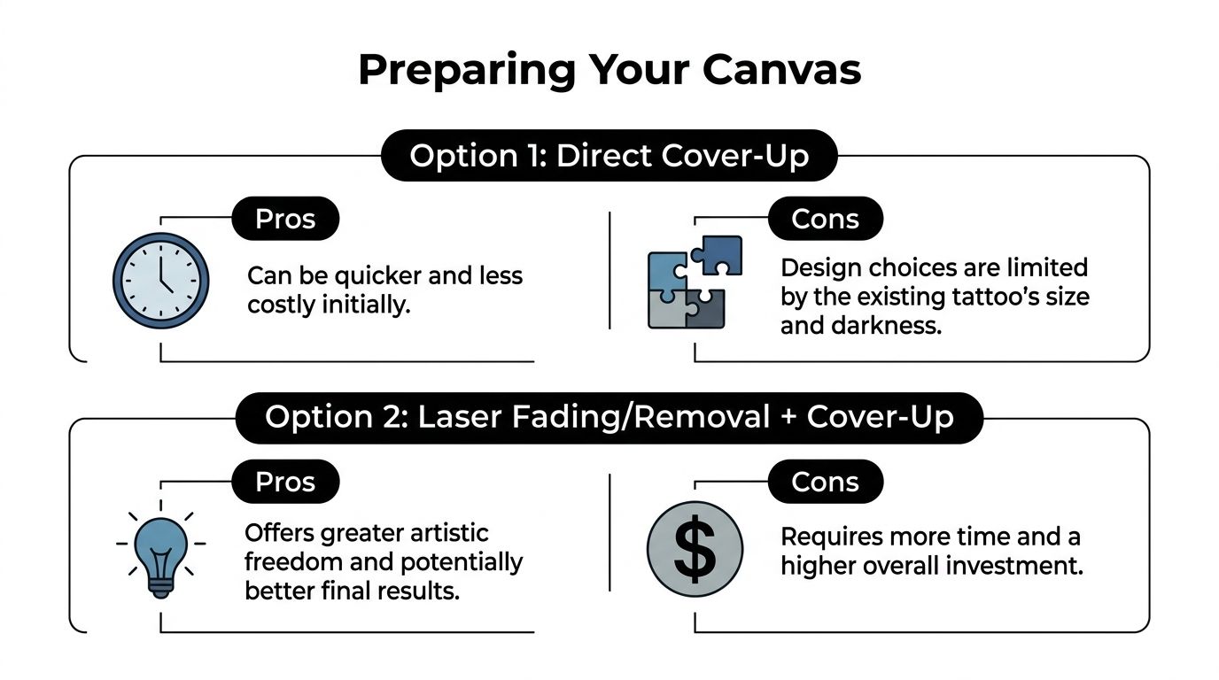 An infographic comparing a direct cover-up tattoo versus laser fading followed by a cover-up.