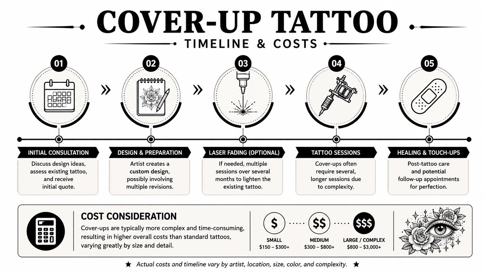 An infographic showing the five steps of a cover-up tattoo process and cost estimation guide.