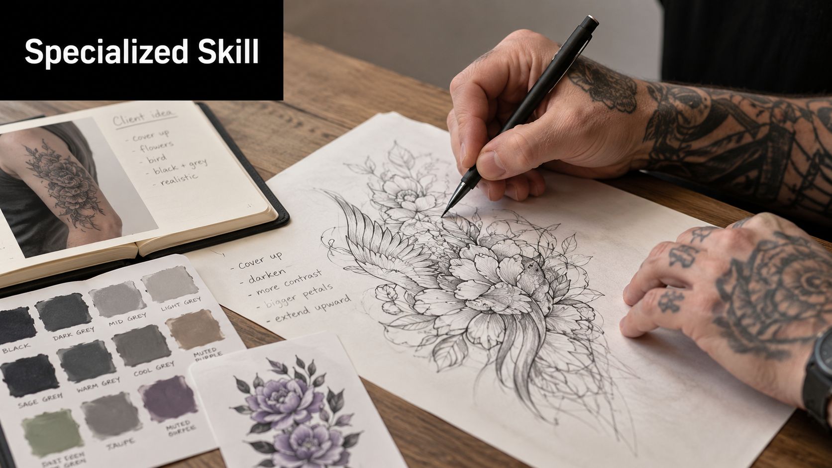 A professional tattoo artist sketching a detailed floral and bird tattoo design on paper for a client.