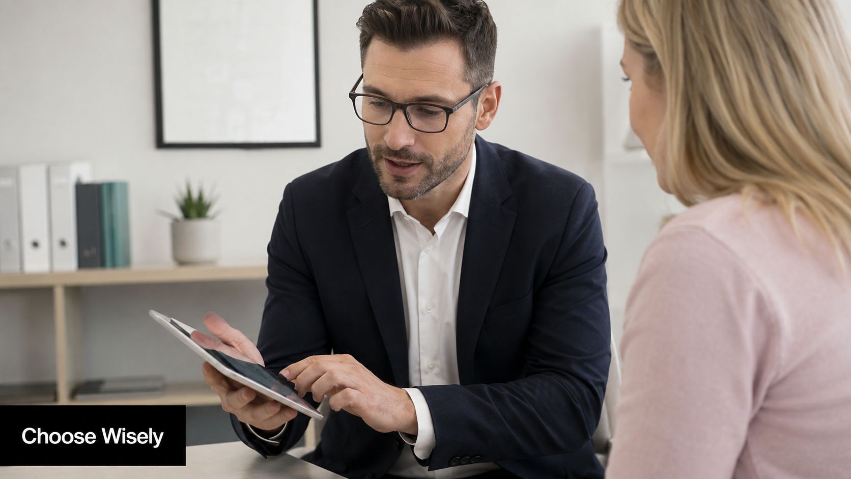 A professional consultant holding a digital tablet discusses business options with a client in an office.