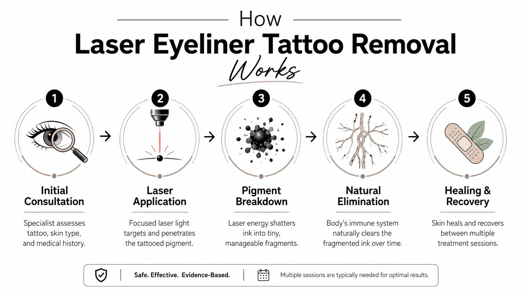 A five-step infographic illustrating how the laser eyeliner tattoo removal process works, from consultation to healing.