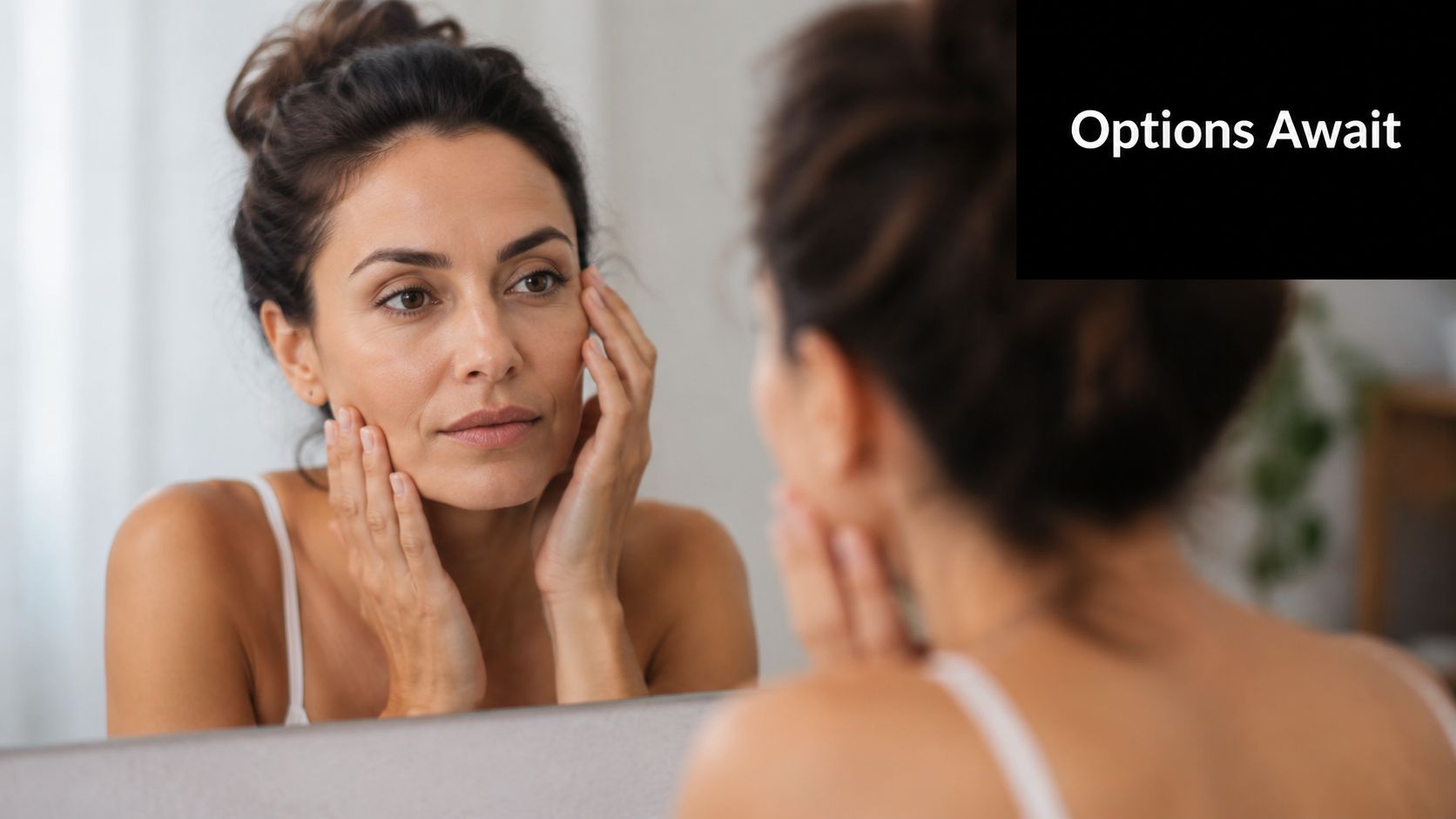 A woman looking at her own reflection in a mirror, touching her face with her hands.