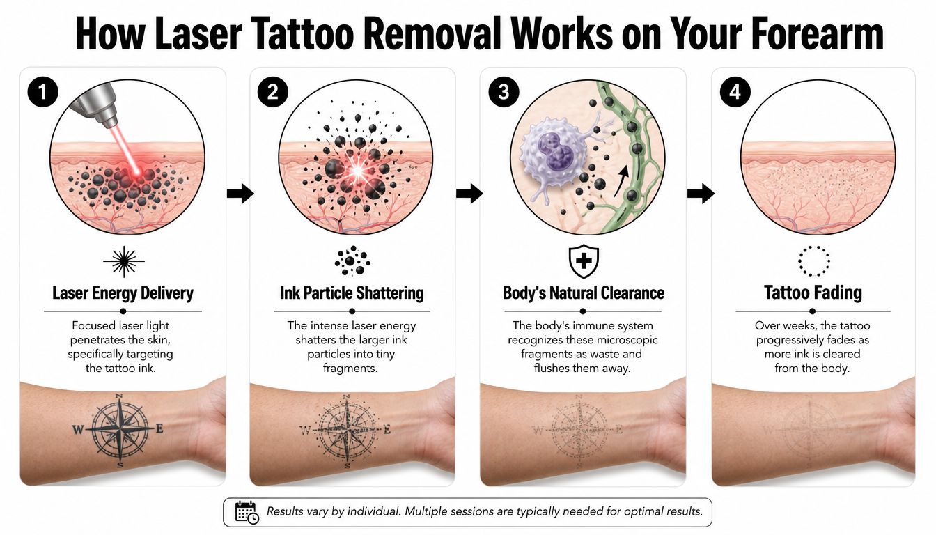 A four-step infographic illustrating the process of laser tattoo removal on a person's forearm.