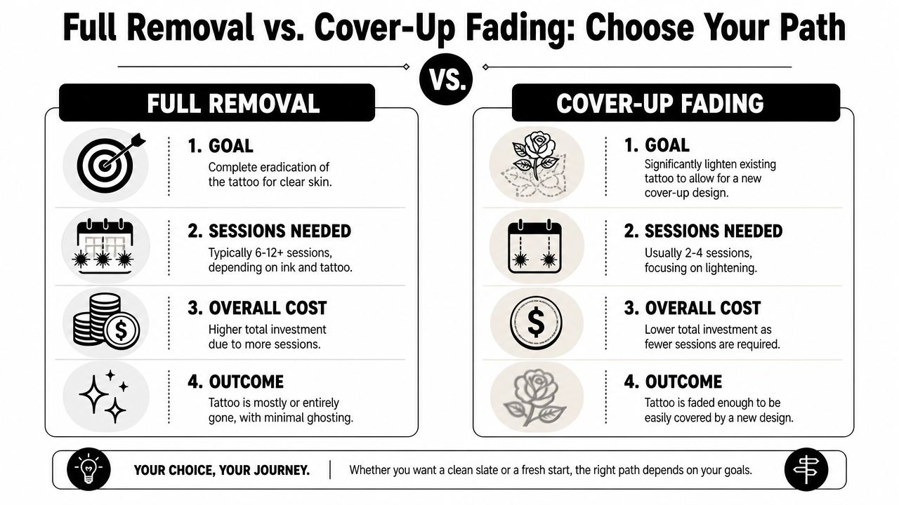 A comparison infographic between full tattoo removal and cover-up fading covering goals, sessions, costs, and outcomes.