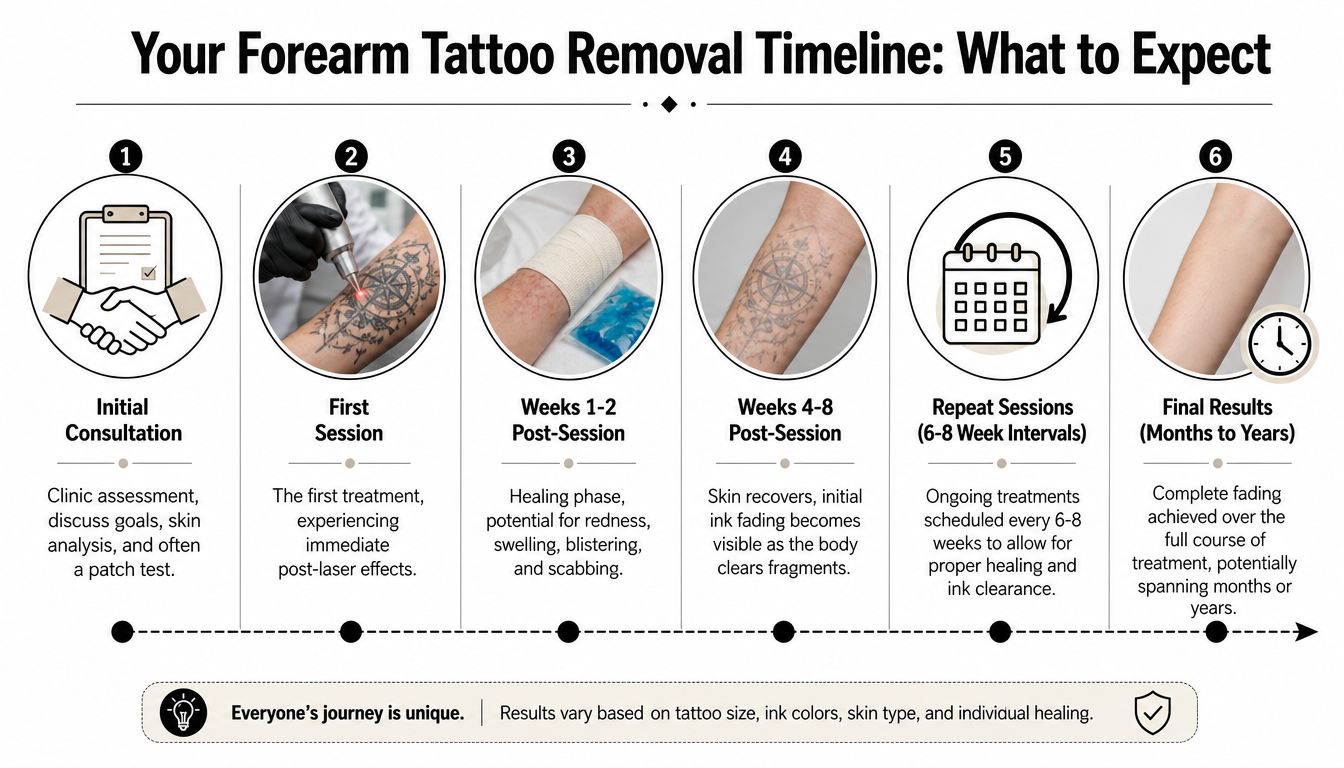 A step-by-step infographic illustrating the professional forearm tattoo removal process from initial consultation to final results.