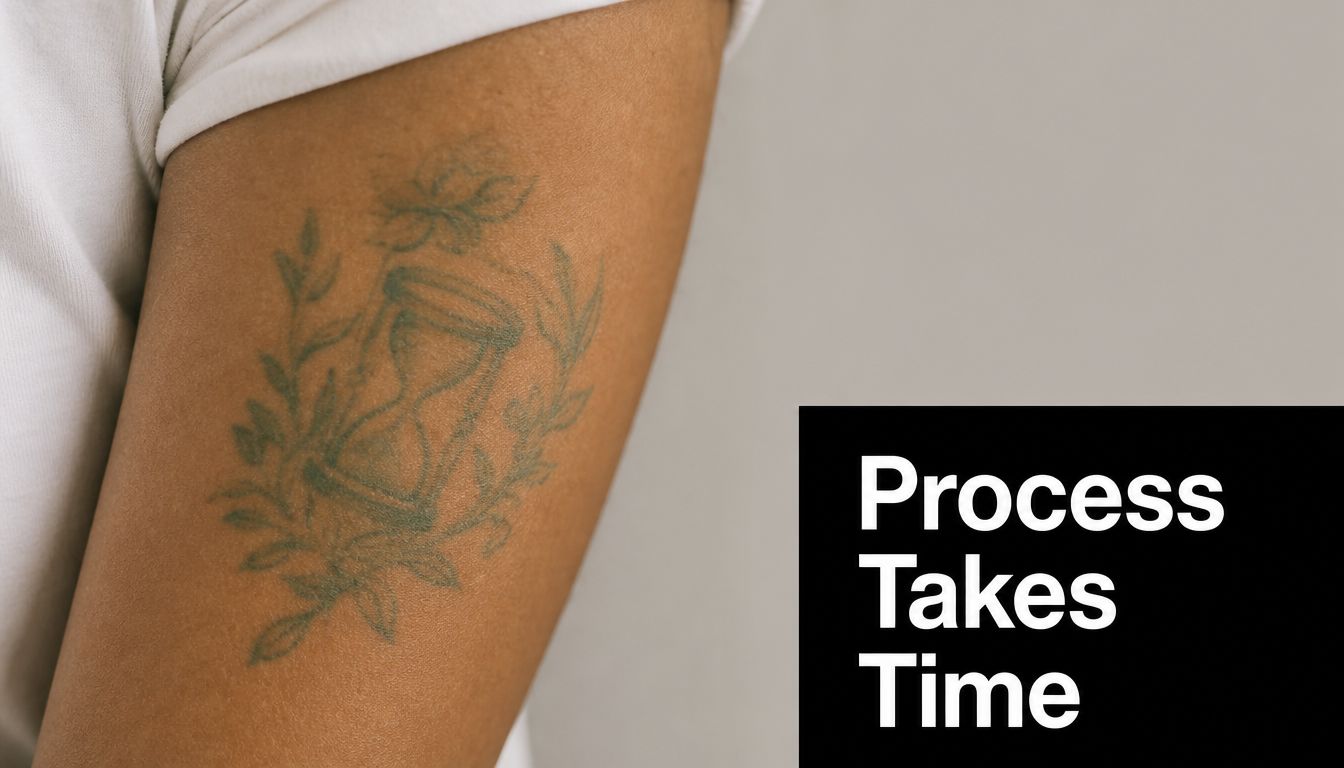 A close-up view of an hourglass tattoo on an arm next to the text Process Takes Time.