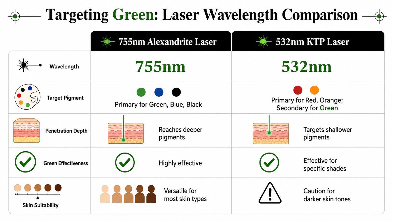A comparison chart showing features of 755nm Alexandrite and 532nm KTP lasers for tattoo removal treatments.
