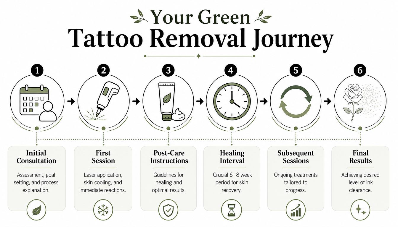 A six-step infographic illustrating the Green Tattoo Removal process from initial consultation to final results.