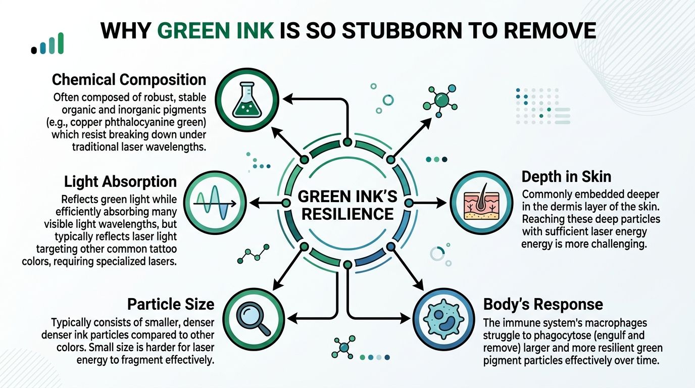 An infographic titled Why Green Ink Is So Stubborn To Remove detailing factors like composition and depth.