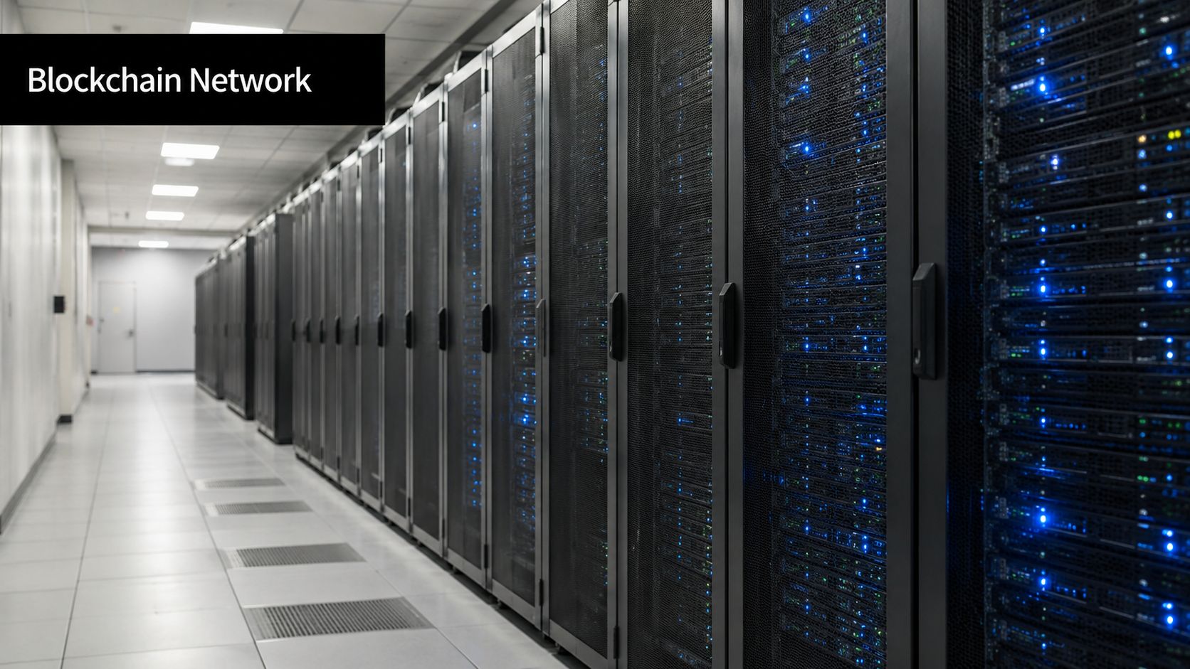 A long aisle of high-performance server racks with blinking blue indicator lights in a data center.