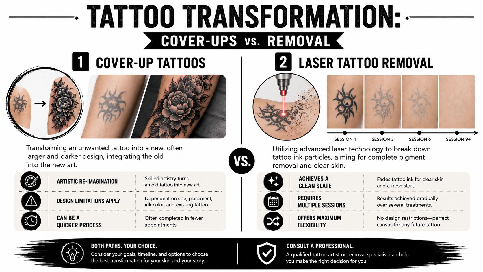 An infographic comparing tattoo cover-ups and laser tattoo removal, illustrating the transformation process and key considerations.