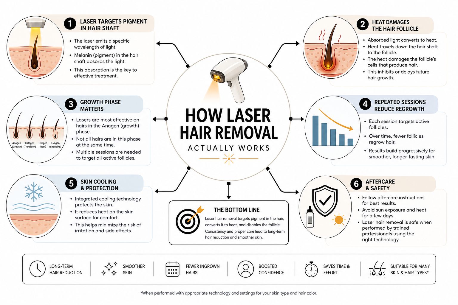 An infographic explaining how laser hair removal works by targeting pigments to reduce hair growth over time.