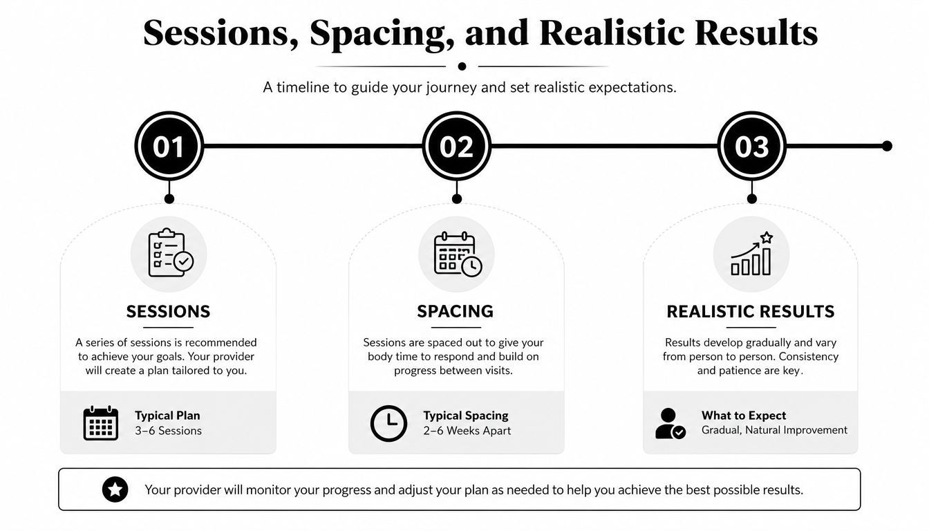 A timeline graphic explaining sessions, spacing, and realistic results for cosmetic treatment plans for better patient guidance.