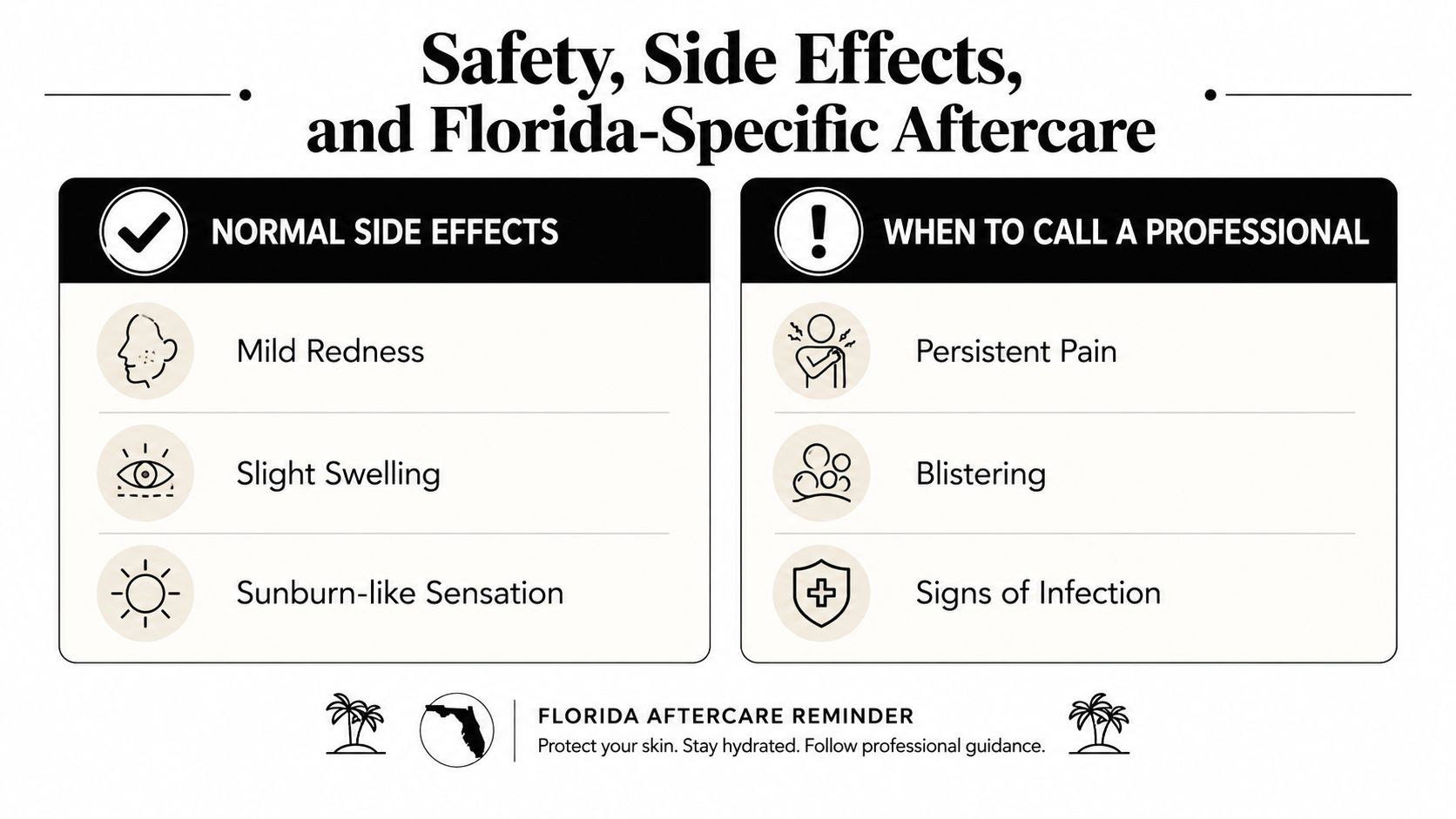 An infographic detailing normal side effects of skin treatments and warning signs requiring professional medical attention.