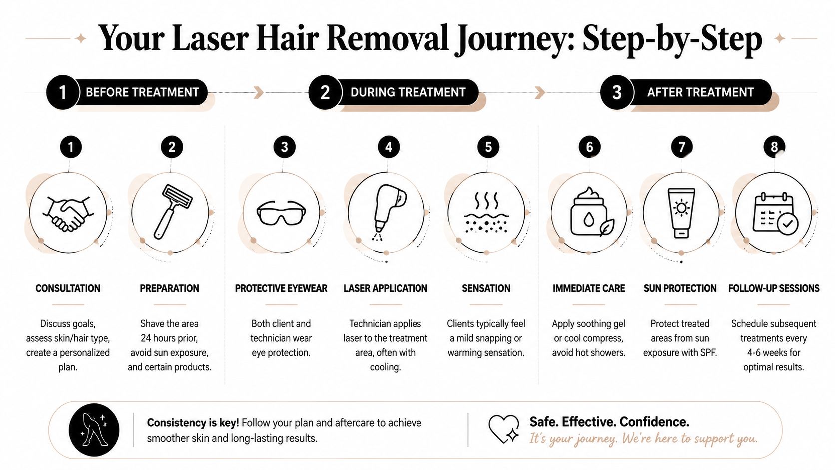 An infographic detailing the step-by-step process for professional laser hair removal, from consultation to follow-up sessions.