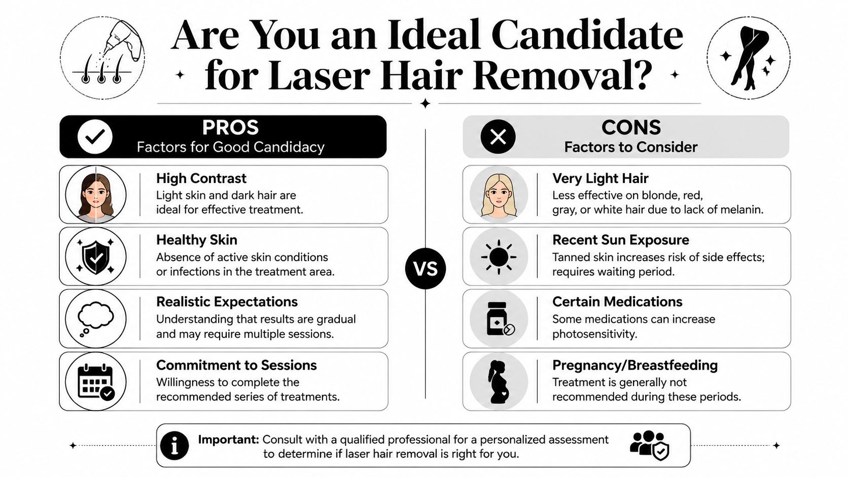 An infographic titled Are You an Ideal Candidate for Laser Hair Removal? listing pros and cons.