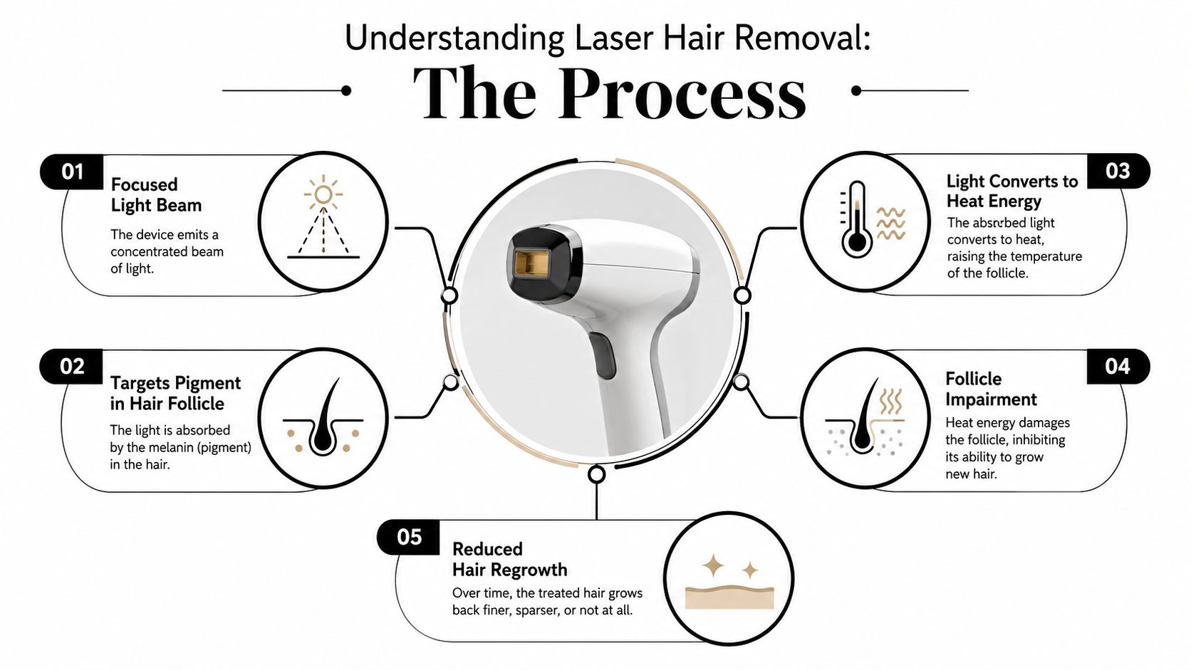 A diagram illustrating the five-step process of how laser hair removal devices treat and reduce hair growth.