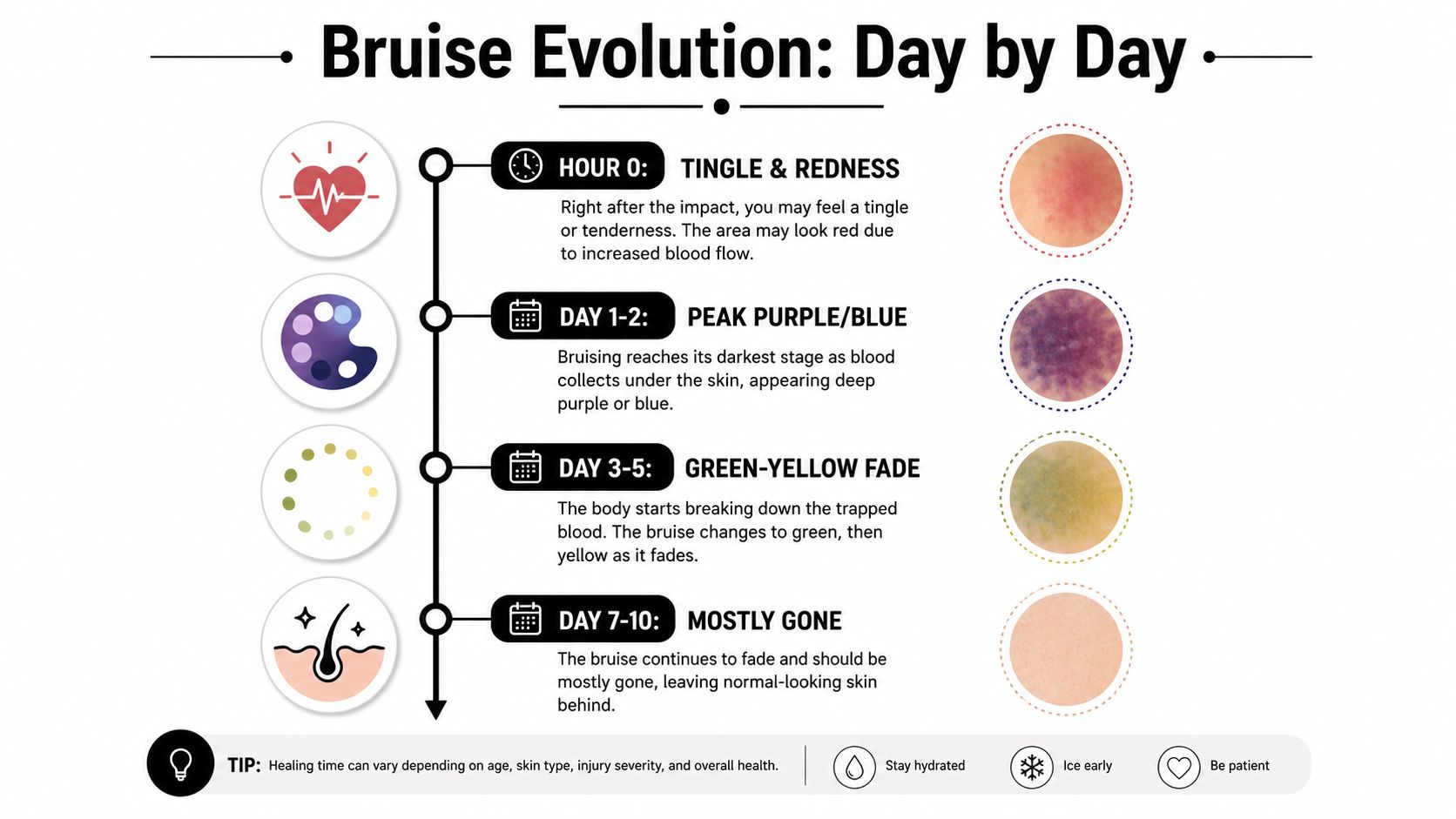 An infographic detailing the day-by-day evolution of a bruise from initial impact to full healing.