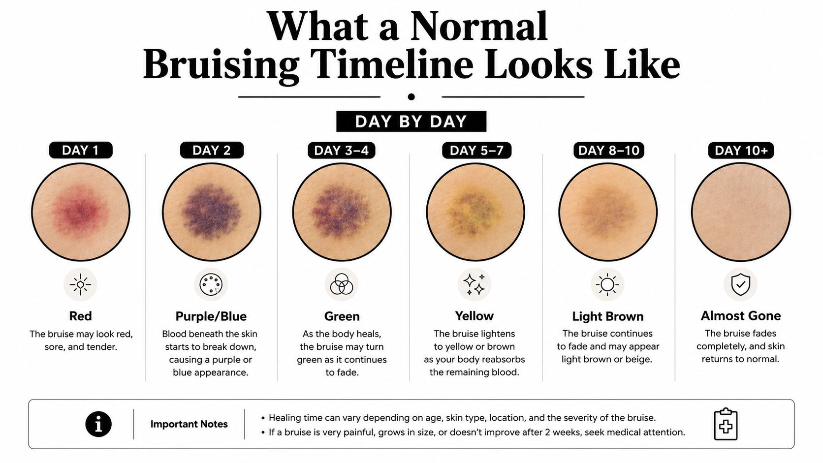 A diagram illustrating the normal stages of skin discoloration during the healing process of a bruise.