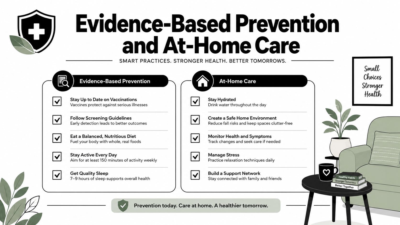 An infographic detailing evidence-based prevention and at-home care practices for better long-term health and wellness.