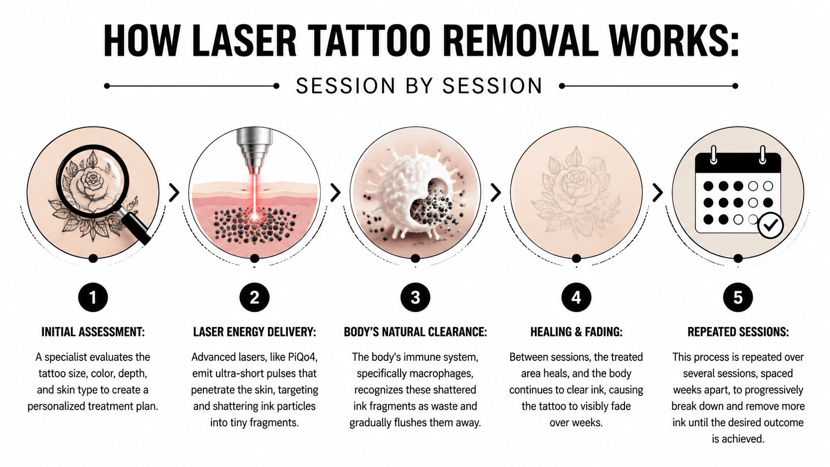A five-step infographic showing the process of laser tattoo removal from initial assessment to repeated healing sessions.