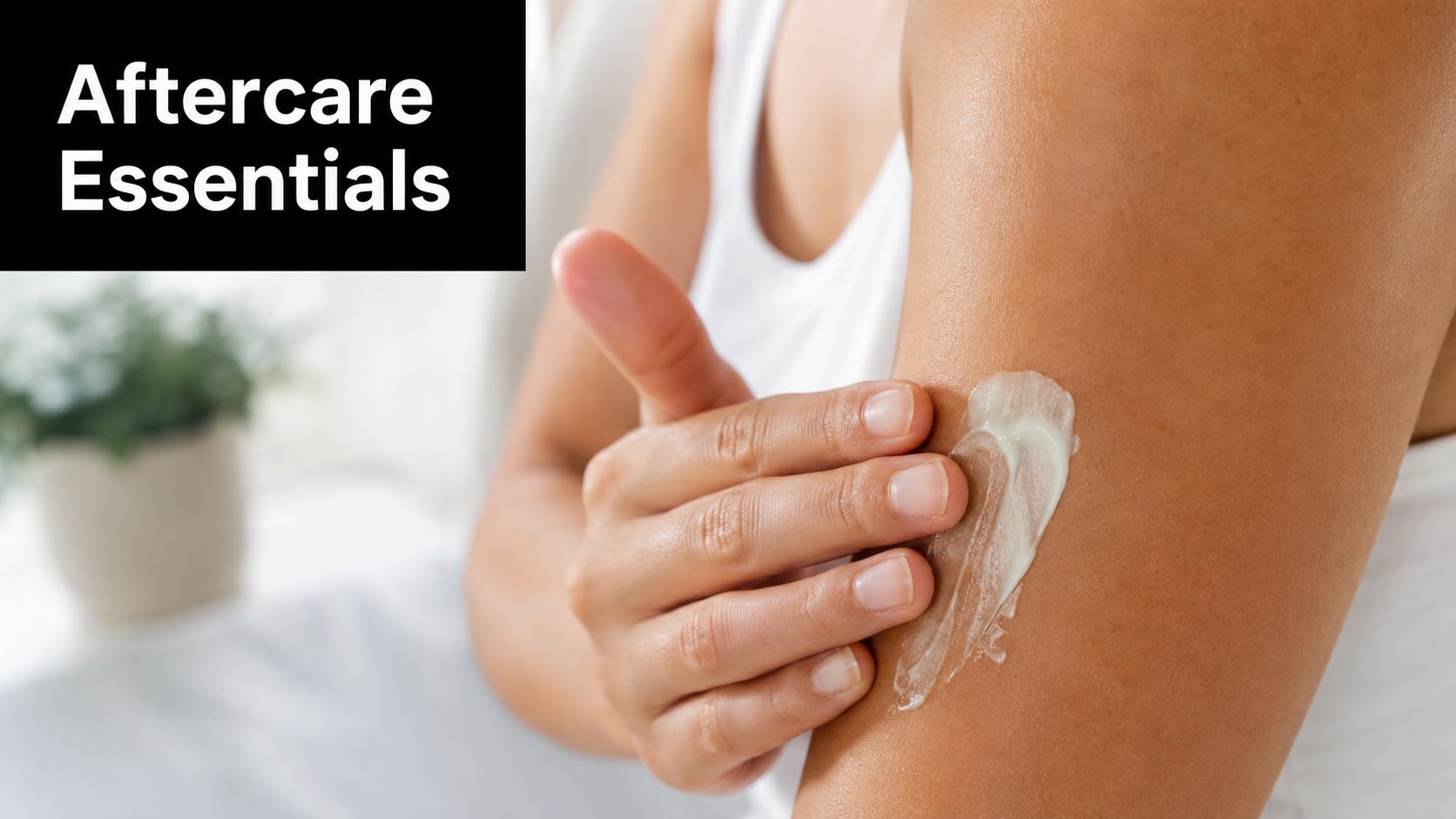A person applying moisturizing cream on their arm as part of an aftercare routine for skin.